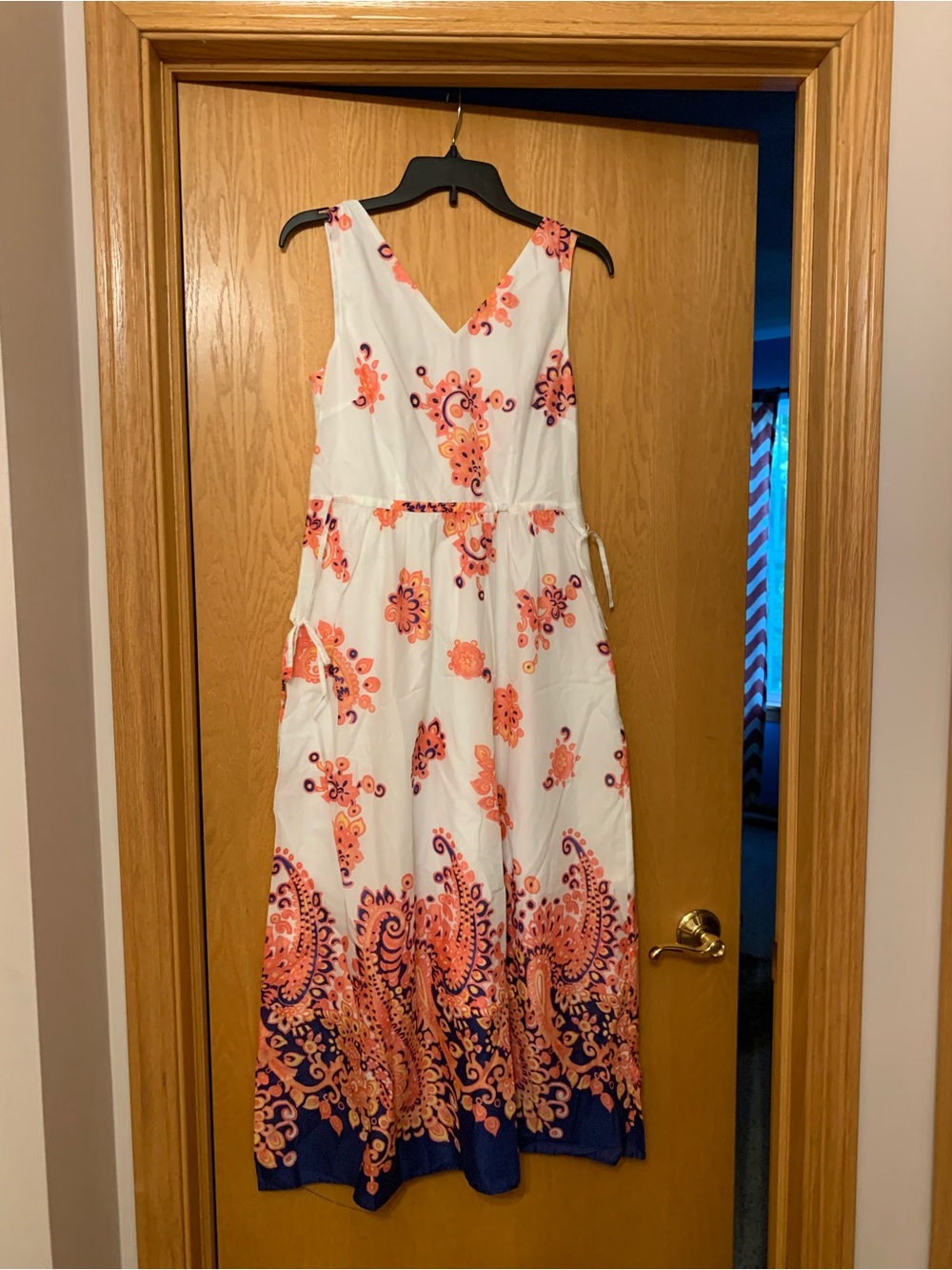 Talbots White Maxi Dress with Coral and Navy Paisley
